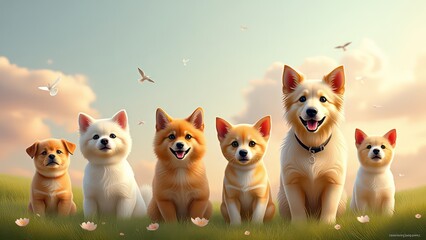 Obraz premium banner with cats and dogs with free space, pastel colors