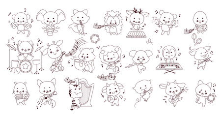 Cute animals musicians line cartoon illustration set. Kawaii creatures with musical instruments outline icons vector characters collection