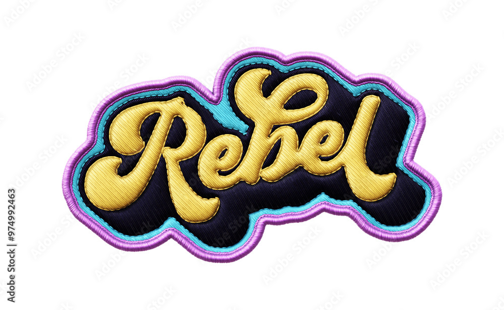 Poster word ‘rebel’ written in retro script font with puff embroidery patch effect isolated on transparent 