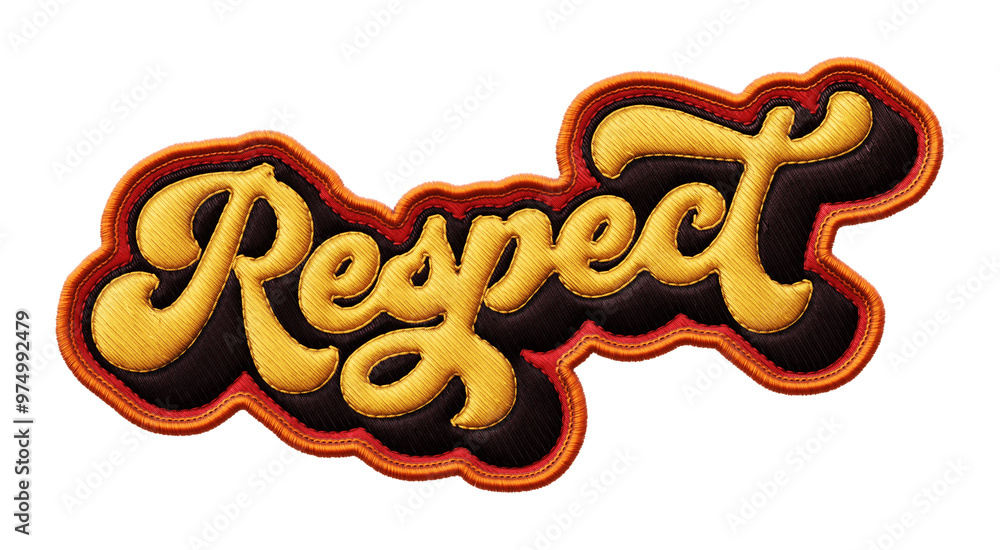 Poster word ‘respect’ written in retro script font with puff embroidery patch effect isolated on transparen