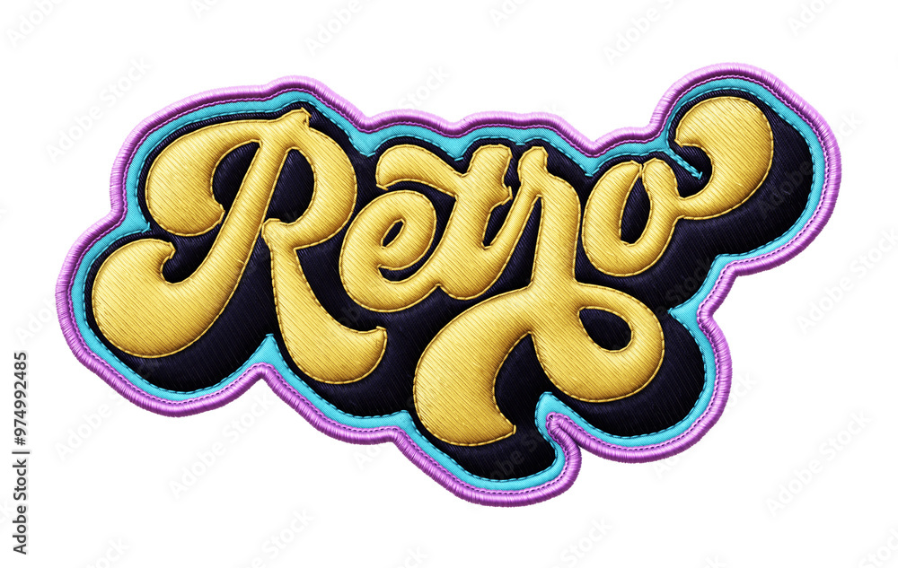 Poster word ‘retro’ written in retro script font with puff embroidery patch effect isolated on transparent 