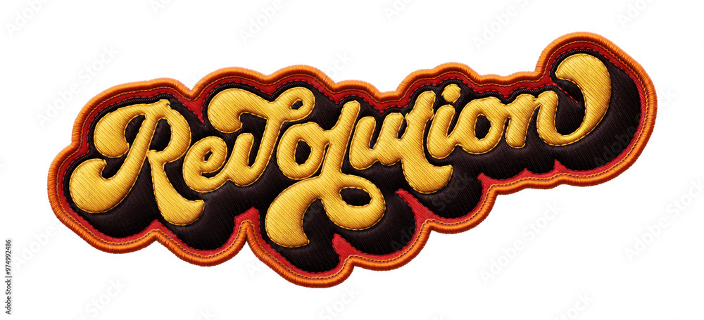 Poster word ‘revolution’ written in retro script font with puff embroidery patch effect isolated on transpa