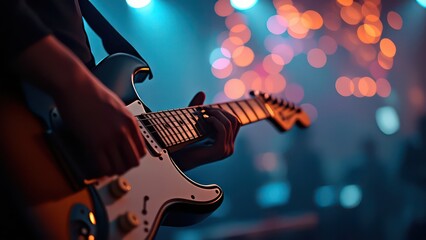 Naklejka premium Music holiday composition with close up electronic guitar on blurred concert background with bokeh effect