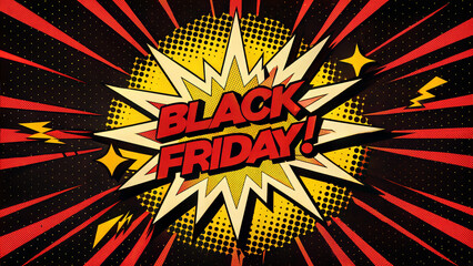 Fototapeta premium Pop Art Black Friday Background, Vibrant Comic Style Explosion with Bold Text