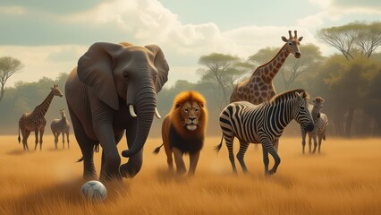 Funny African lions, elephants, zebras, giraffes are playing football in a clearing 