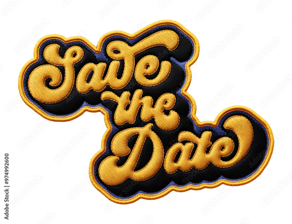 Poster words ‘save the date’ written in retro script font with puff embroidery patch effect isolated on tra