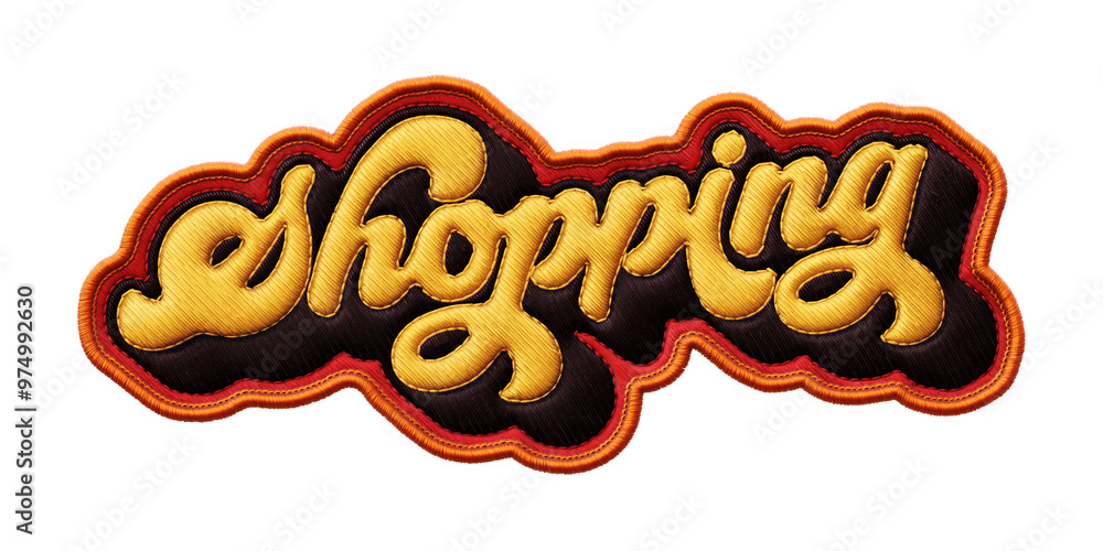 Poster word ‘shopping’ written in retro script font with puff embroidery patch effect isolated on transpare