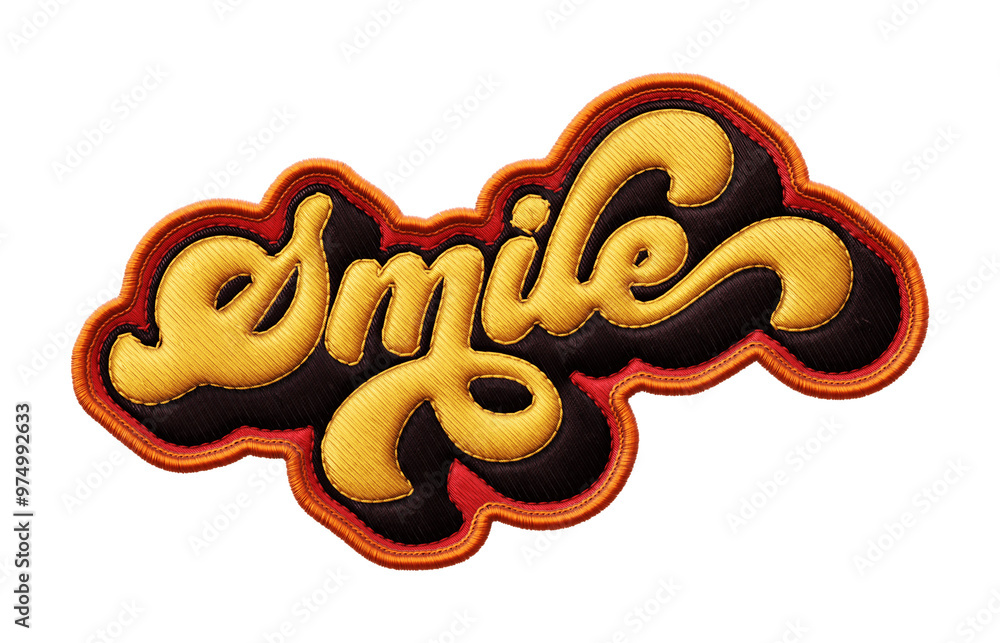 Poster word ‘smile’ written in retro script font with puff embroidery patch effect isolated on transparent 