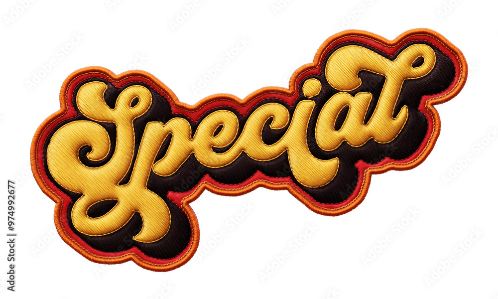 Poster word ‘special’ written in retro script font with puff embroidery patch effect isolated on transparen