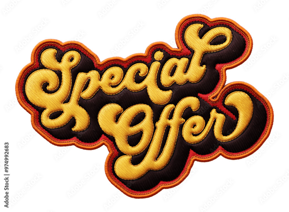 Poster words ‘special offer’ written in retro script font with puff embroidery patch effect isolated on tra
