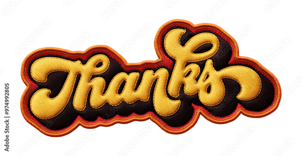 Poster word ‘thanks’ written in retro script font with puff embroidery patch effect isolated on transparent