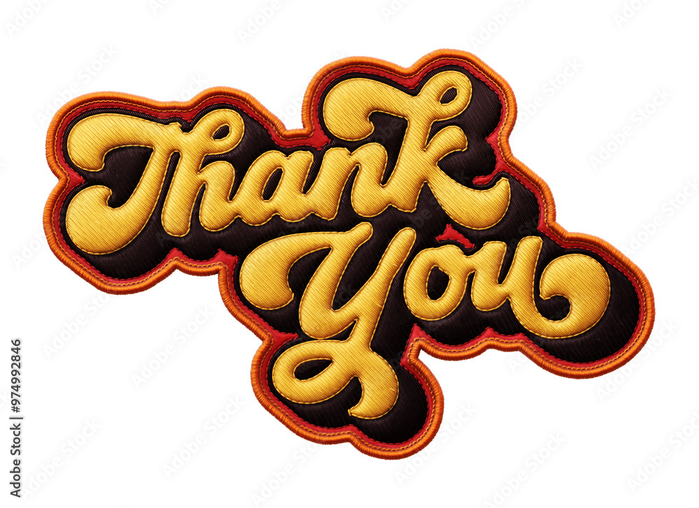 Poster words ‘thank you’ written in retro script font with puff embroidery patch effect isolated on transpa