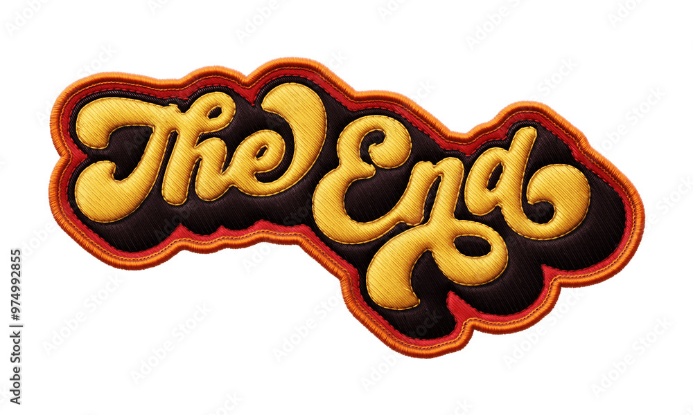 Poster words ‘the end’ written in retro script font with puff embroidery patch effect isolated on transpare