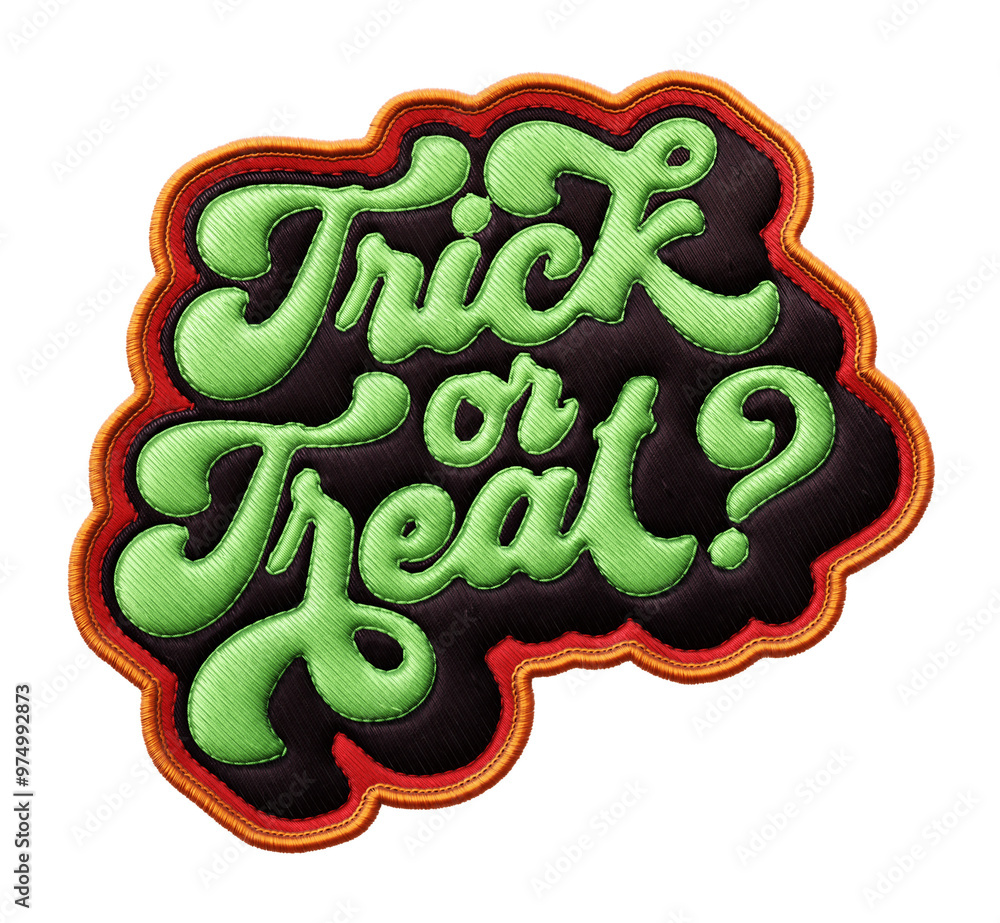 Poster words ‘trick or treat?’ written in retro script font with puff embroidery patch effect isolated on t