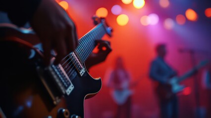 Naklejka premium Music holiday composition with close up electronic guitar on blurred concert background with bokeh effect