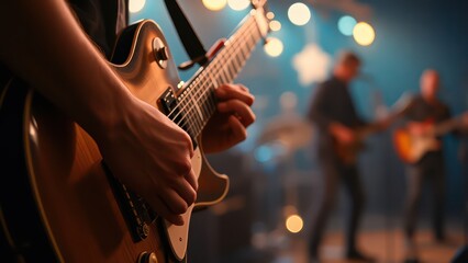 Obraz premium Music holiday composition with close up electronic guitar on blurred concert background with bokeh effect