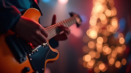 Obraz premium Music holiday composition with close up electronic guitar on blurred concert background with bokeh effect