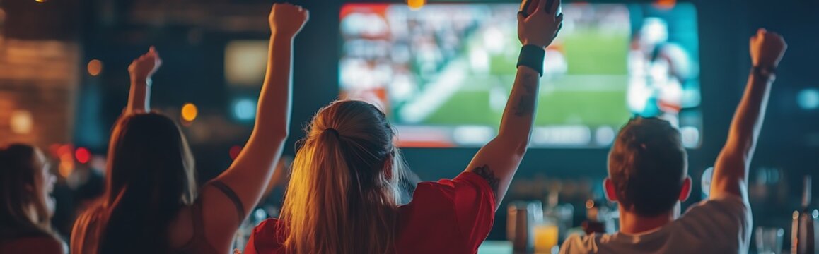 Excited Fans Watch Sports Game on Big Screen in Bar