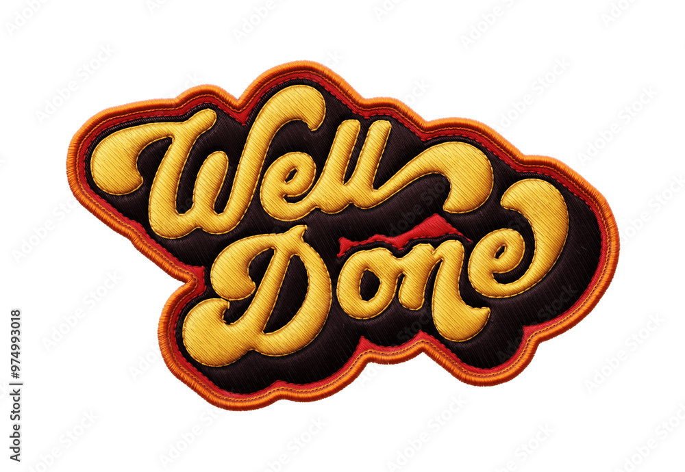 Poster words ‘well done’ written in retro script font with puff embroidery patch effect isolated on transpa