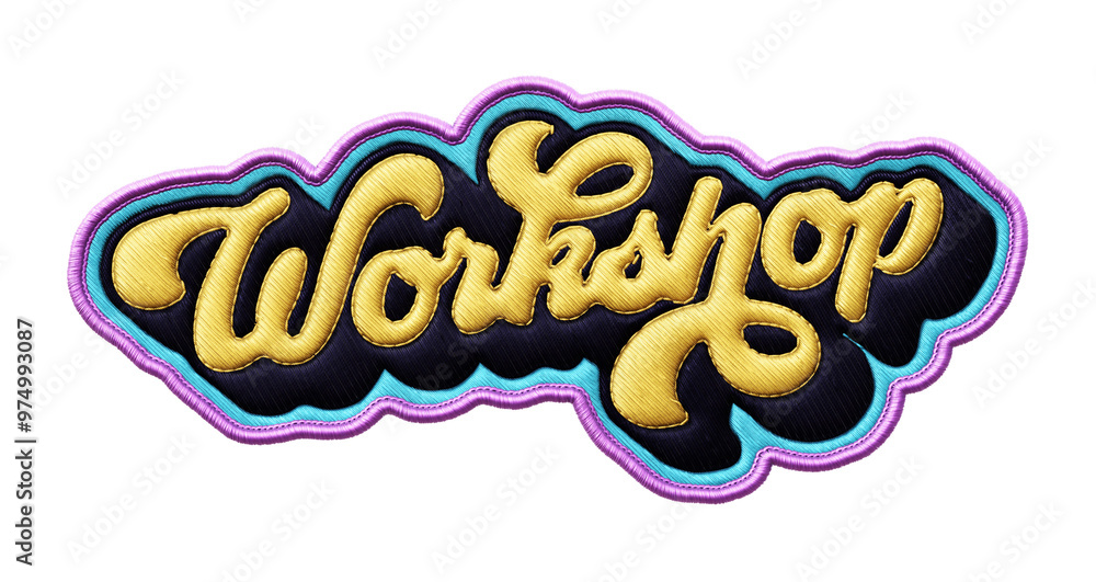 Poster word ‘workshop’ written in retro script font with puff embroidery patch effect isolated on transpare