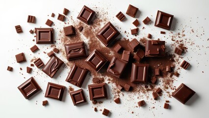 Chopped dark chocolate isolated on white, top view 