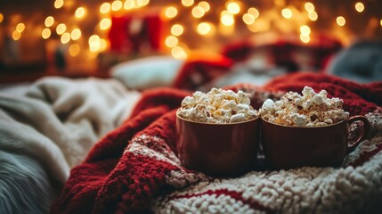 Two Bowls of Popcorn on a Red and White Blanket with Blurred Lights in the Background