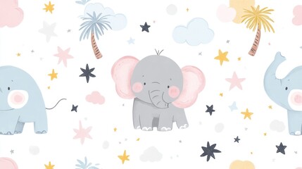 Adorable little elephant pattern design with cute scribble elements like clouds, stars and palm tree background, in rainbow colors highlights the playful nature of this little elephant