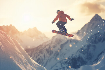 A snowboarder in mid-air, performing an impressive jump over snowy mountains with the sun shining brightly