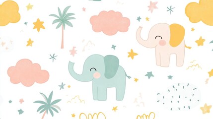 Adorable little elephant pattern design with cute scribble elements like clouds, stars and palm tree background, in rainbow colors highlights the playful nature of this little elephant