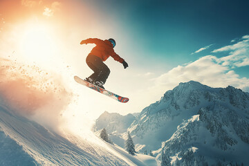 A snowboarder in mid-air, performing an impressive jump over snowy mountains with the sun shining brightly