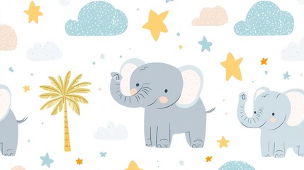 Adorable little elephant pattern design with cute scribble elements like clouds, stars and palm tree background, in rainbow colors highlights the playful nature of this little elephant