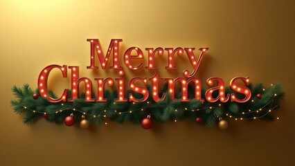 Letters “MERRY CHRISTMAS ” with Garland with lights, festive balls between them on gold background	
