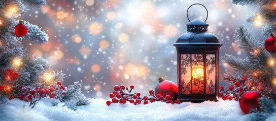 Christmas Lantern On Snow With Fir Branch in the Sunlight. Winter Decoration Background
