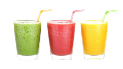 Three colorful smoothies with straws