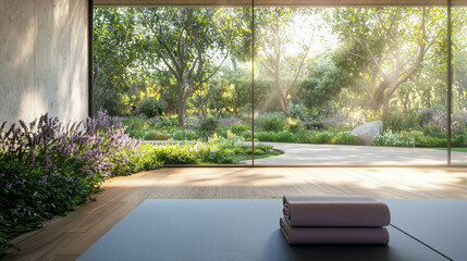 garden view from a yoga studio