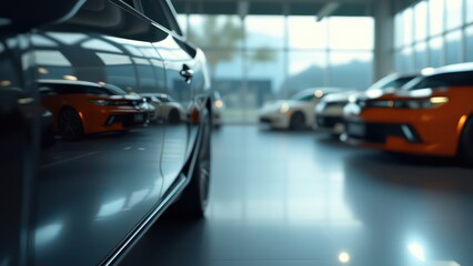 Fototapeta premium a close up view of a shiny car in a showroom with other vehicles in the background