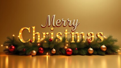 Naklejka premium Letters “MERRY CHRISTMAS ” with Garland with lights, festive balls between them on gold background 