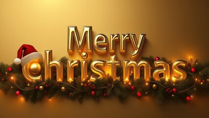 Letters “MERRY CHRISTMAS ” with Garland with lights, festive balls between them on gold background	
