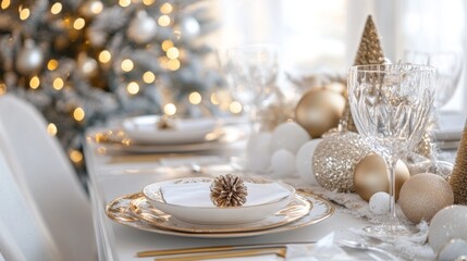 Festive Table Setting with Gold and White Decor