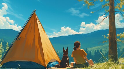 Obraz premium A man and his dog are camping in the woods, sitting under an open tent with their belongings nearby. The sun is setting behind them.