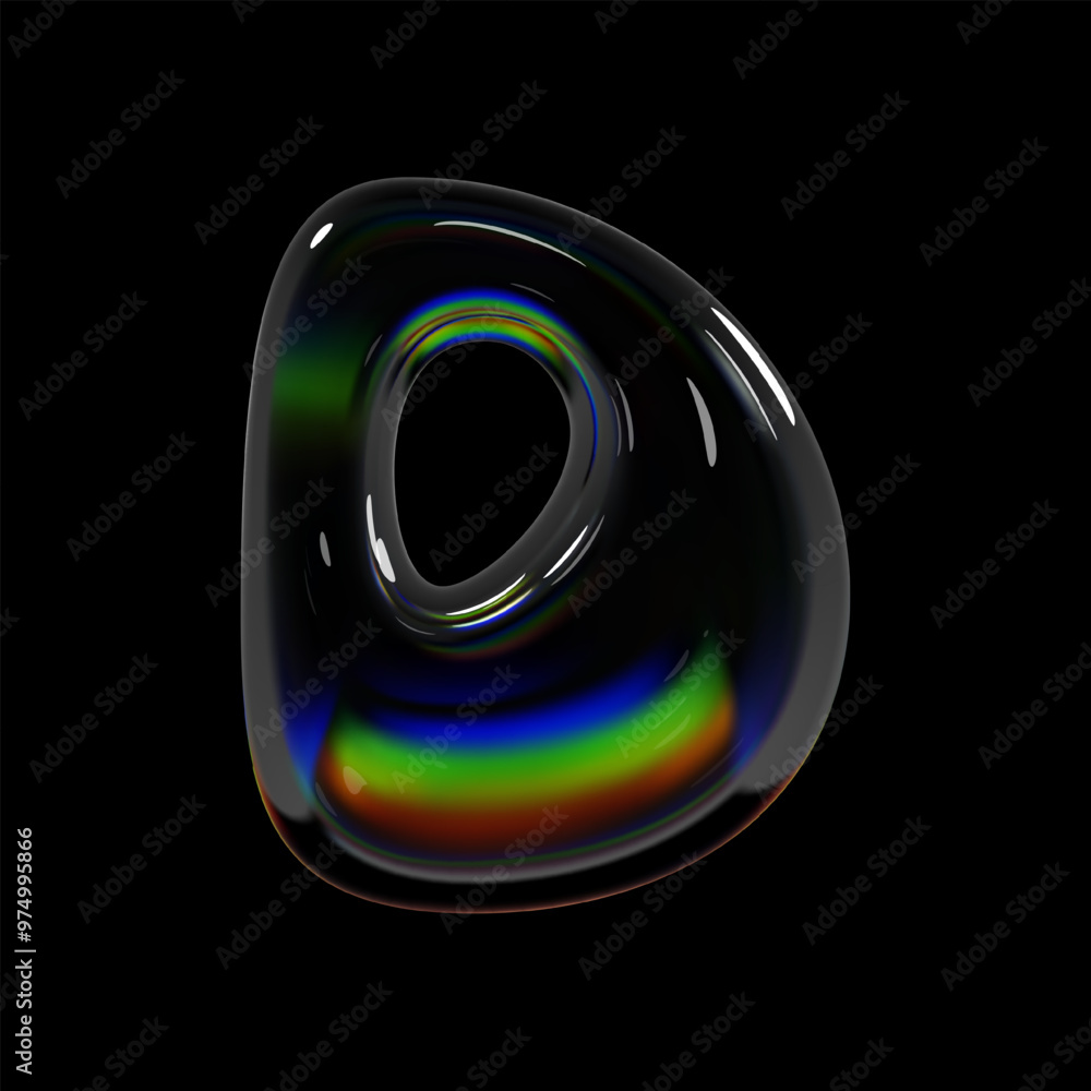 Poster 3d holographic glass letter d with translucent glossy shiny surface. balloon bubble shape isolated l
