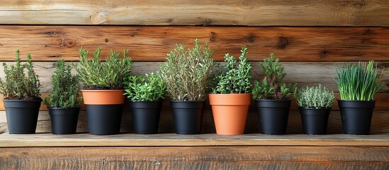 Collection of Fresh Herbs in Pots on Wooden Background. Plants On Potted. Generate Ai Image