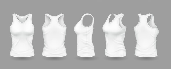 White women tank tops with brand mockup realistic vector illustration set. Sports apparel with design template 3d models on grey background