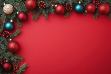 flat lay with pine tree branches with red and golden christmas balls isolated on red
