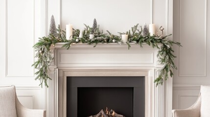 White Fireplace Mantel Decorated with Snowy Greenery and Candles