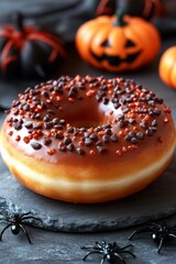 Halloween donuts: Orange glazed Halloween donuts with plastic spooky spider and or bat decorations surrounding, on slate surface. Seasonal doughnut.