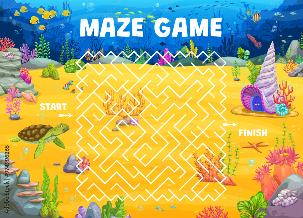 Poster labyrinth maze quiz game, help to turtle to find her house on the sea bottom. vector kid riddle, wor