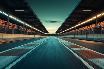 A wide shot of an empty race track, a dark sky with the sun setting in the background