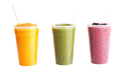 Three colorful smoothies in cups