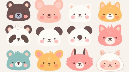 Obraz premium Digital design doodles set of cute animal faces in pastel colors, simple shapes on pastel blue background, cute and friendly faces of various animals such as bears etc.